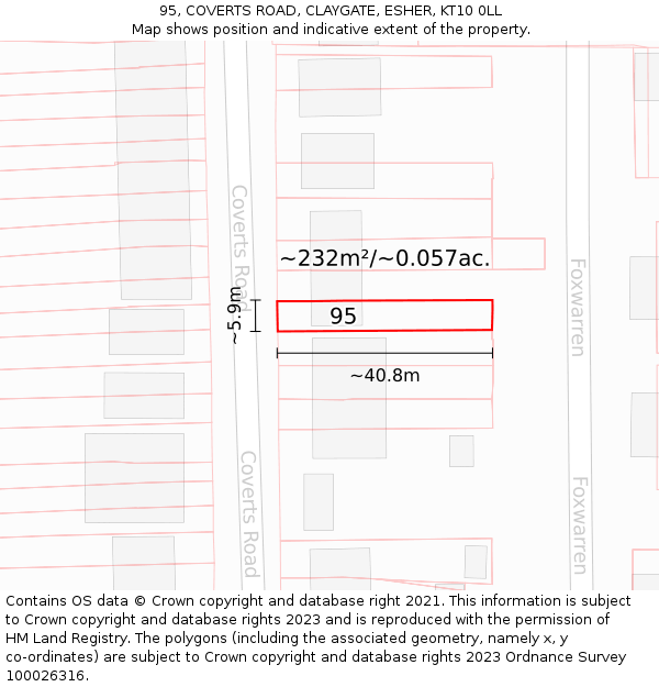 95, COVERTS ROAD, CLAYGATE, ESHER, KT10 0LL: Plot and title map