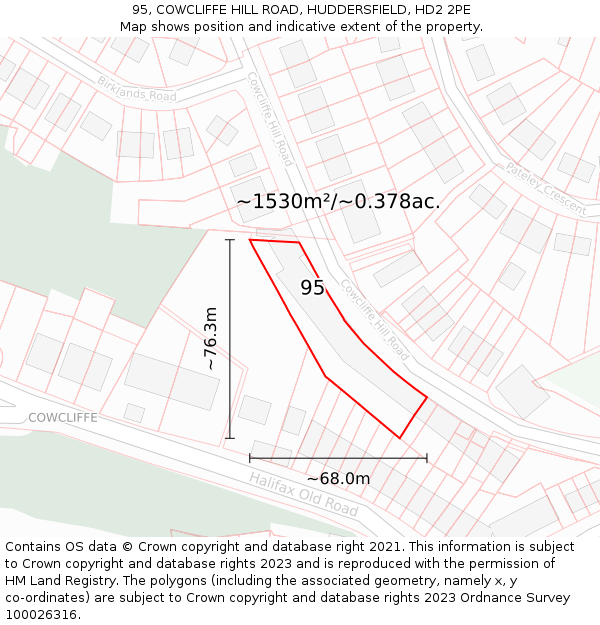 95, COWCLIFFE HILL ROAD, HUDDERSFIELD, HD2 2PE: Plot and title map