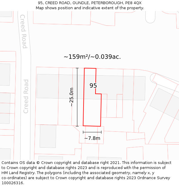 95, CREED ROAD, OUNDLE, PETERBOROUGH, PE8 4QX: Plot and title map