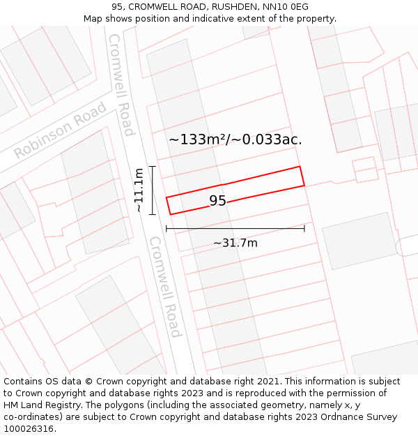 95, CROMWELL ROAD, RUSHDEN, NN10 0EG: Plot and title map