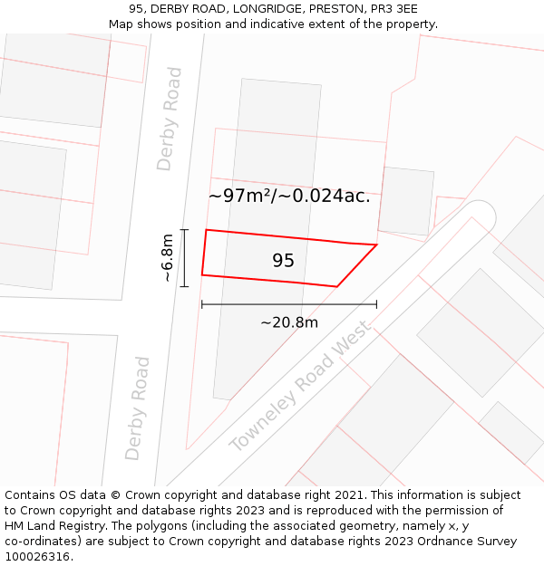 95, DERBY ROAD, LONGRIDGE, PRESTON, PR3 3EE: Plot and title map