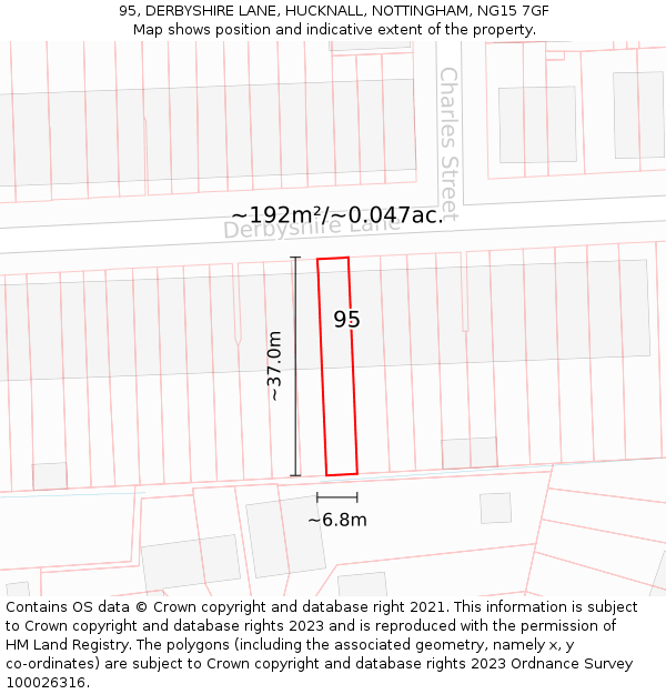 95, DERBYSHIRE LANE, HUCKNALL, NOTTINGHAM, NG15 7GF: Plot and title map
