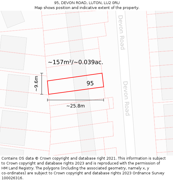 95, DEVON ROAD, LUTON, LU2 0RU: Plot and title map