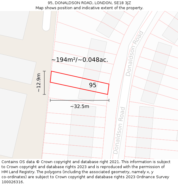 95, DONALDSON ROAD, LONDON, SE18 3JZ: Plot and title map