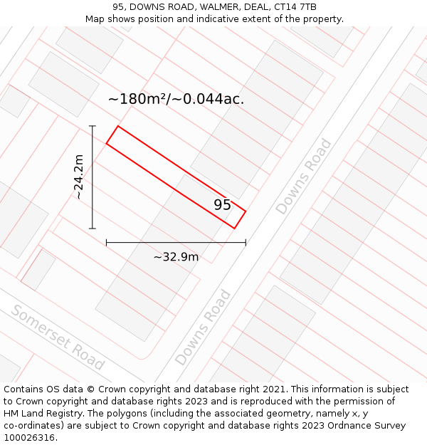 95, DOWNS ROAD, WALMER, DEAL, CT14 7TB: Plot and title map