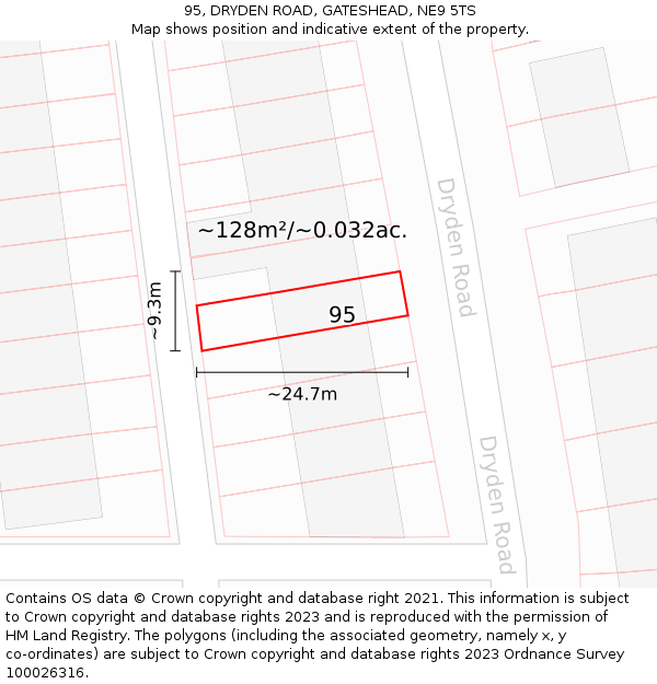 95, DRYDEN ROAD, GATESHEAD, NE9 5TS: Plot and title map