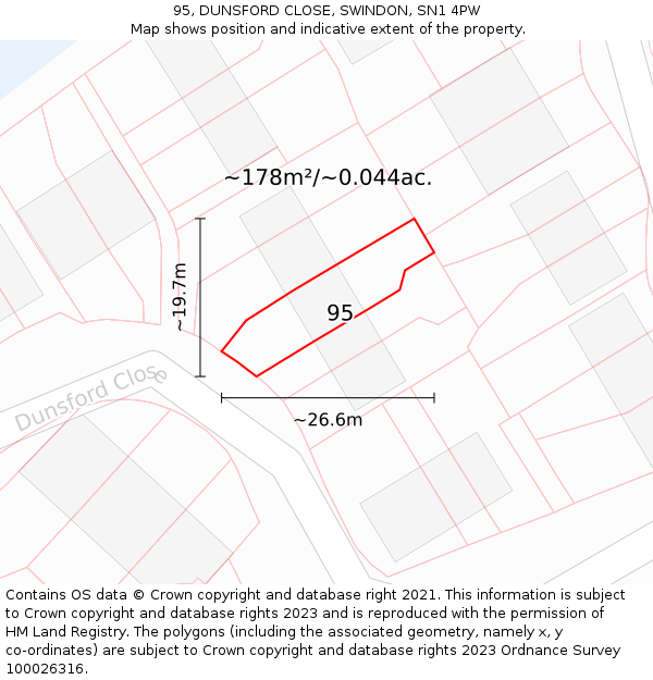 95, DUNSFORD CLOSE, SWINDON, SN1 4PW: Plot and title map