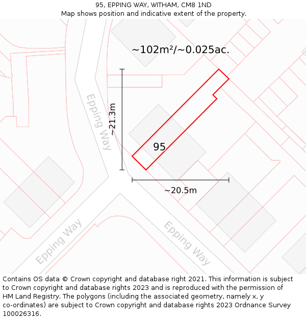 95, EPPING WAY, WITHAM, CM8 1ND: Plot and title map