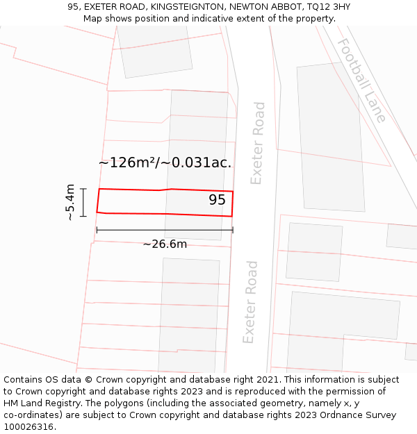 95, EXETER ROAD, KINGSTEIGNTON, NEWTON ABBOT, TQ12 3HY: Plot and title map