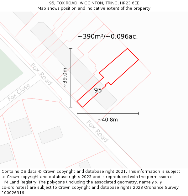 95, FOX ROAD, WIGGINTON, TRING, HP23 6EE: Plot and title map