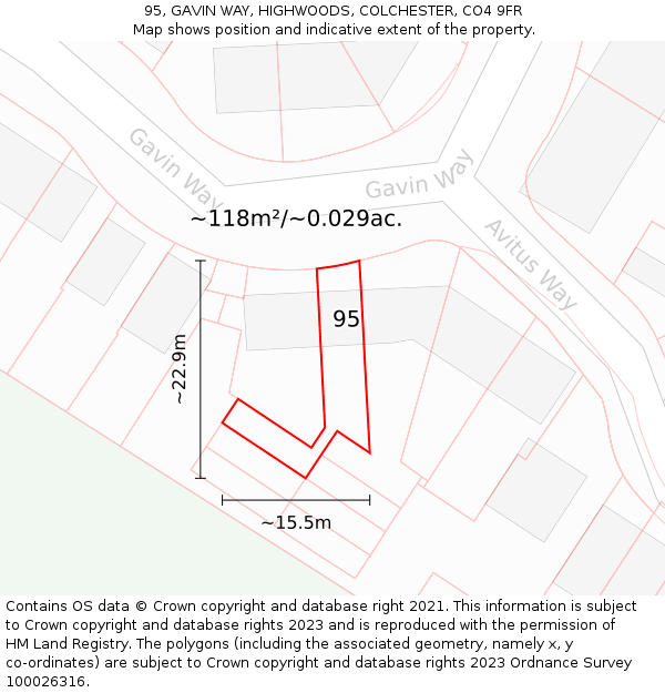 95, GAVIN WAY, HIGHWOODS, COLCHESTER, CO4 9FR: Plot and title map