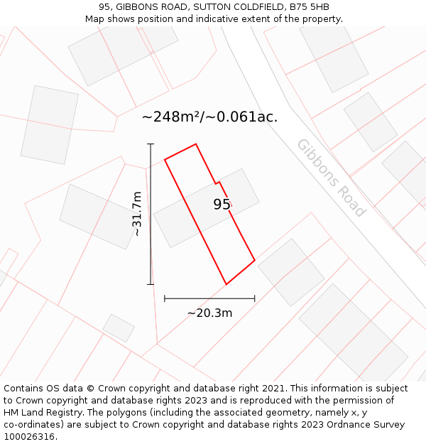 95, GIBBONS ROAD, SUTTON COLDFIELD, B75 5HB: Plot and title map