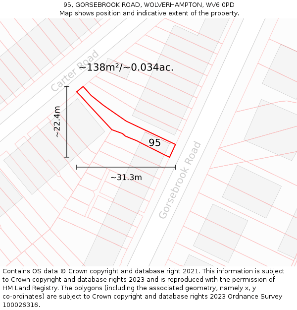 95, GORSEBROOK ROAD, WOLVERHAMPTON, WV6 0PD: Plot and title map