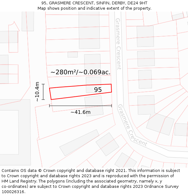 95, GRASMERE CRESCENT, SINFIN, DERBY, DE24 9HT: Plot and title map