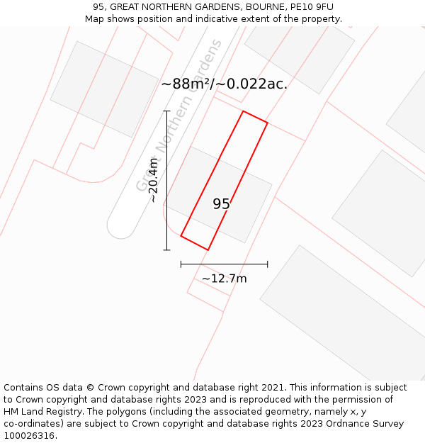 95, GREAT NORTHERN GARDENS, BOURNE, PE10 9FU: Plot and title map
