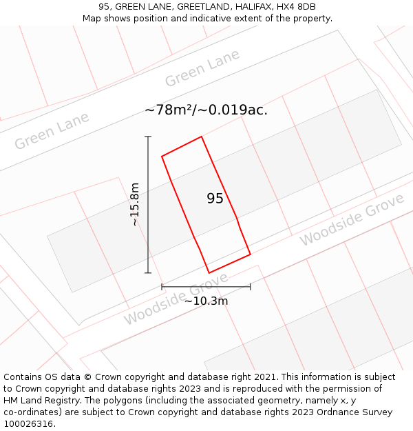 95, GREEN LANE, GREETLAND, HALIFAX, HX4 8DB: Plot and title map