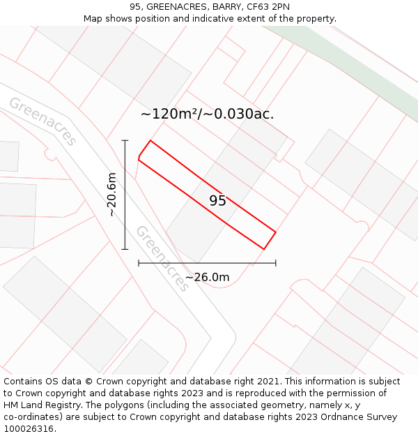 95, GREENACRES, BARRY, CF63 2PN: Plot and title map