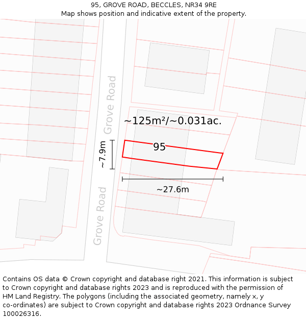 95, GROVE ROAD, BECCLES, NR34 9RE: Plot and title map