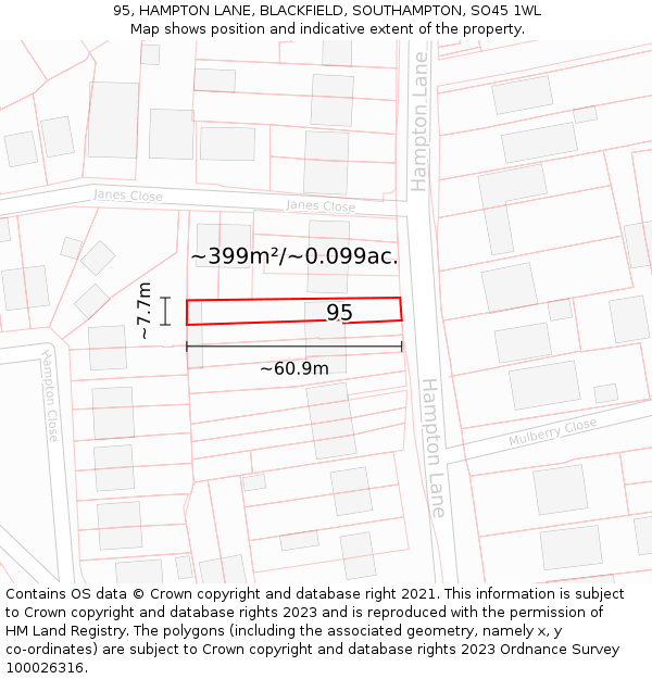95, HAMPTON LANE, BLACKFIELD, SOUTHAMPTON, SO45 1WL: Plot and title map