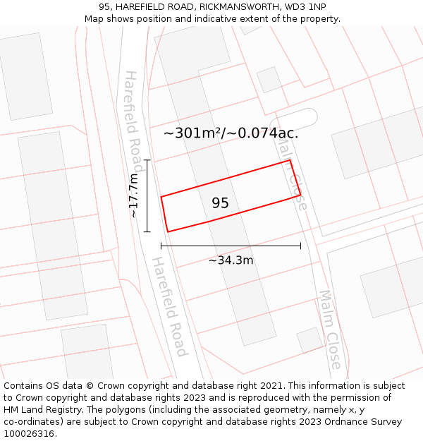 95, HAREFIELD ROAD, RICKMANSWORTH, WD3 1NP: Plot and title map