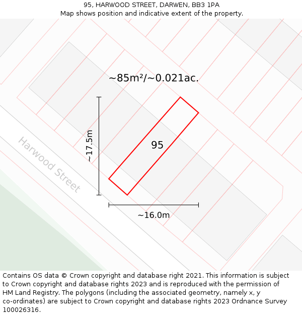 95, HARWOOD STREET, DARWEN, BB3 1PA: Plot and title map