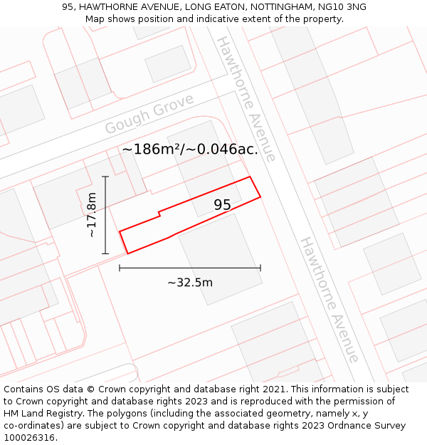 95, HAWTHORNE AVENUE, LONG EATON, NOTTINGHAM, NG10 3NG: Plot and title map