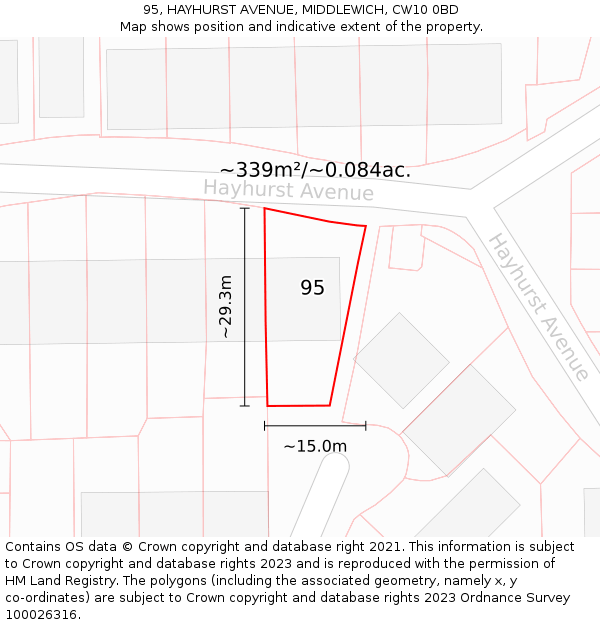 95, HAYHURST AVENUE, MIDDLEWICH, CW10 0BD: Plot and title map