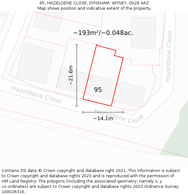 95, HAZELDENE CLOSE, EYNSHAM, WITNEY, OX29 4AZ: Plot and title map