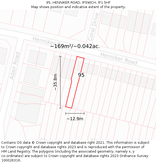 95, HENNIKER ROAD, IPSWICH, IP1 5HF: Plot and title map