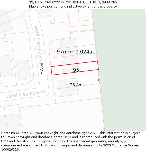 95, HEOL CAE POWND, CEFNEITHIN, LLANELLI, SA14 7BX: Plot and title map