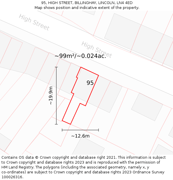 95, HIGH STREET, BILLINGHAY, LINCOLN, LN4 4ED: Plot and title map