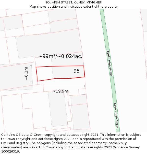 95, HIGH STREET, OLNEY, MK46 4EF: Plot and title map