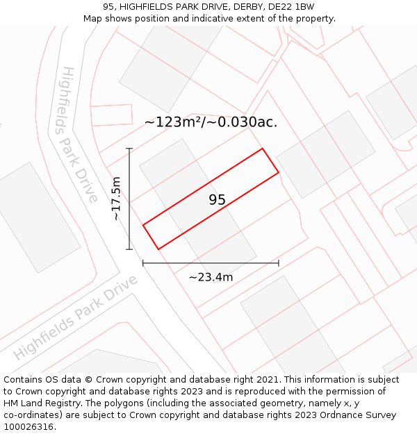 95, HIGHFIELDS PARK DRIVE, DERBY, DE22 1BW: Plot and title map