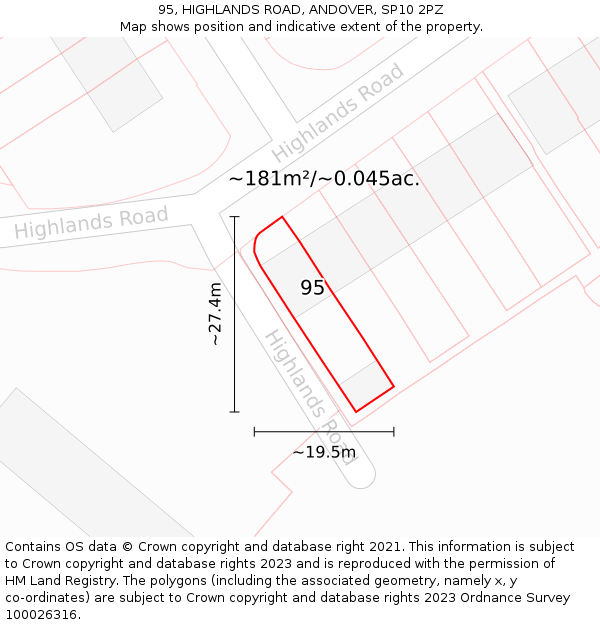 95, HIGHLANDS ROAD, ANDOVER, SP10 2PZ: Plot and title map