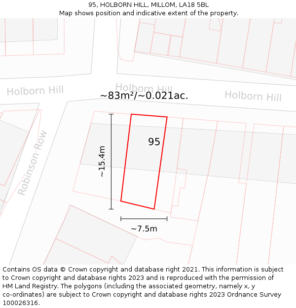 95, HOLBORN HILL, MILLOM, LA18 5BL: Plot and title map