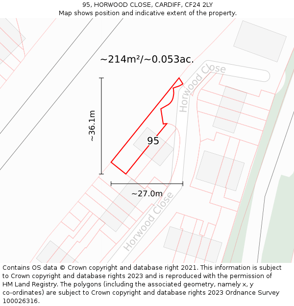95, HORWOOD CLOSE, CARDIFF, CF24 2LY: Plot and title map