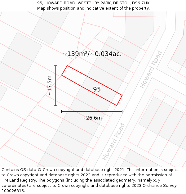 95, HOWARD ROAD, WESTBURY PARK, BRISTOL, BS6 7UX: Plot and title map