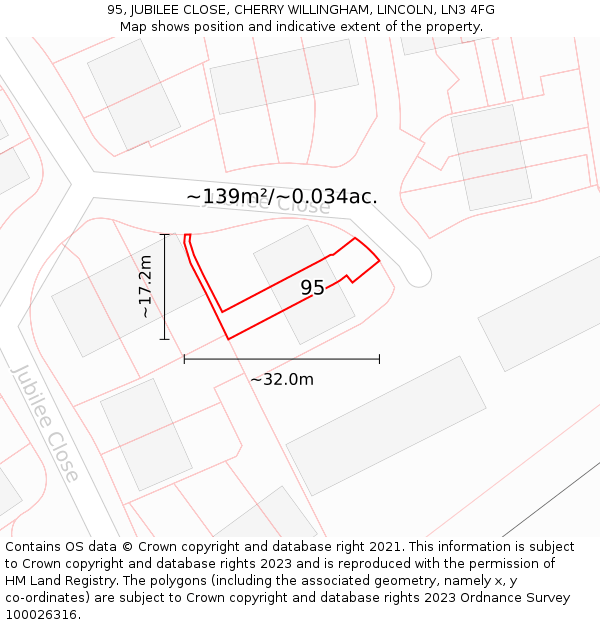 95, JUBILEE CLOSE, CHERRY WILLINGHAM, LINCOLN, LN3 4FG: Plot and title map