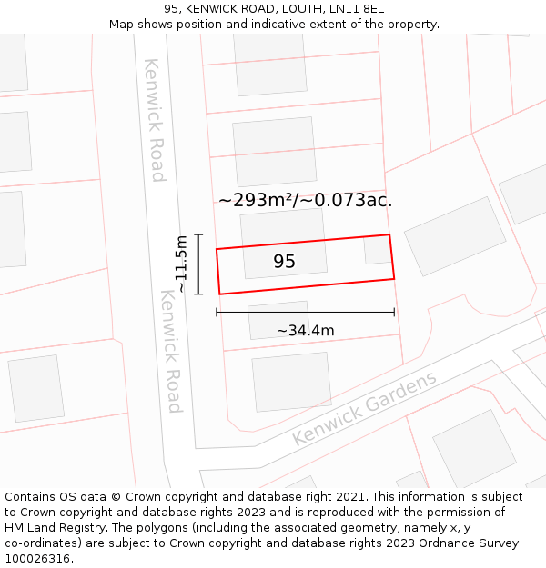 95, KENWICK ROAD, LOUTH, LN11 8EL: Plot and title map