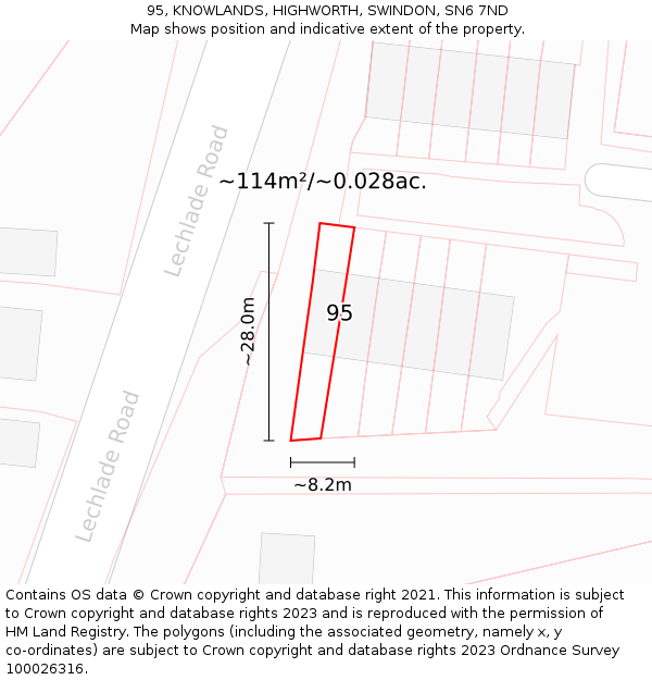 95, KNOWLANDS, HIGHWORTH, SWINDON, SN6 7ND: Plot and title map