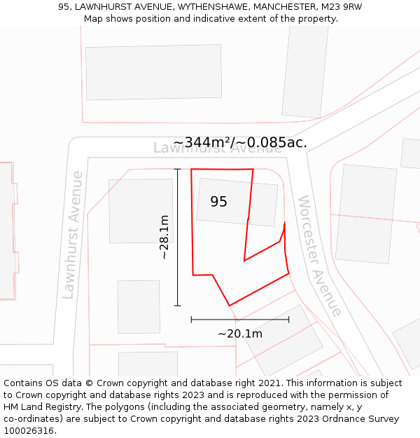 95, LAWNHURST AVENUE, WYTHENSHAWE, MANCHESTER, M23 9RW: Plot and title map