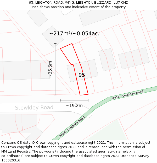 95, LEIGHTON ROAD, WING, LEIGHTON BUZZARD, LU7 0ND: Plot and title map
