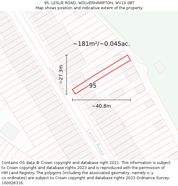 95, LESLIE ROAD, WOLVERHAMPTON, WV10 0BT: Plot and title map