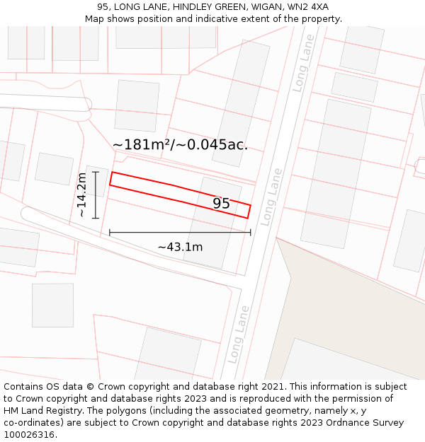 95, LONG LANE, HINDLEY GREEN, WIGAN, WN2 4XA: Plot and title map