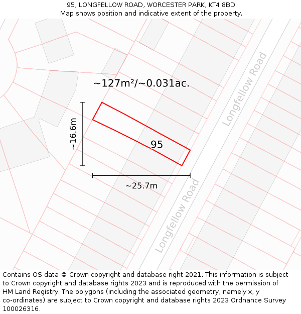 95, LONGFELLOW ROAD, WORCESTER PARK, KT4 8BD: Plot and title map