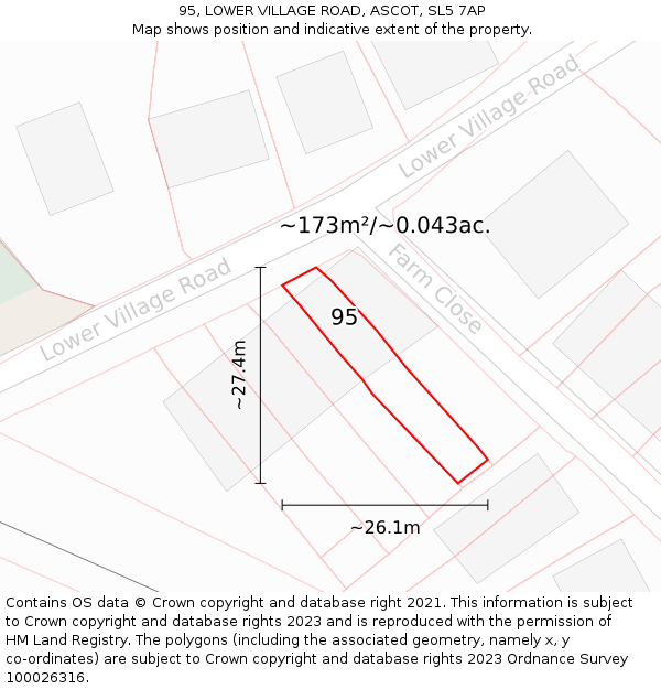 95, LOWER VILLAGE ROAD, ASCOT, SL5 7AP: Plot and title map