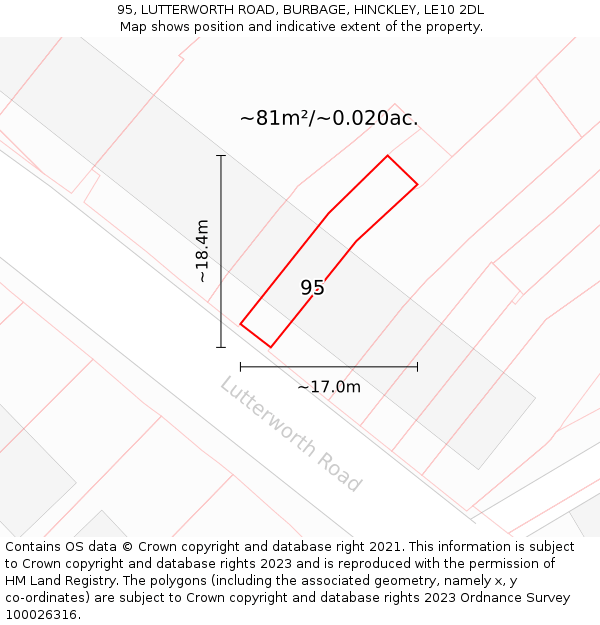 95, LUTTERWORTH ROAD, BURBAGE, HINCKLEY, LE10 2DL: Plot and title map