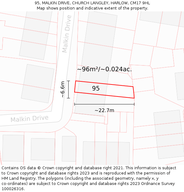 95, MALKIN DRIVE, CHURCH LANGLEY, HARLOW, CM17 9HL: Plot and title map