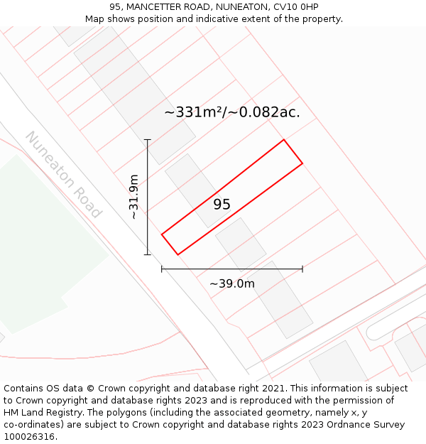 95, MANCETTER ROAD, NUNEATON, CV10 0HP: Plot and title map