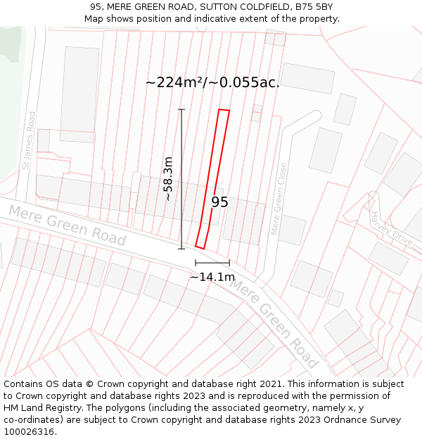 95, MERE GREEN ROAD, SUTTON COLDFIELD, B75 5BY: Plot and title map